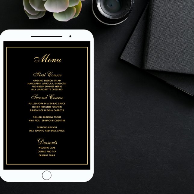 Menu de Casamento de Script Dourado Preto Elegante (Criador carregado)