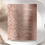 Menu de Casamento de Script Glitter de Glam Dourad<br><div class="desc">Este elegante cardápio moderno de casamento apresenta uma falsa borda brilhante de diamante em um fundo de metal esfregado em ouro rosa. O texto personalizável combina o script branco de escrita manual e as fontes sans serif. O rosa dourado, o metal escovado e o design reluzente, são repetidos no verso....</div>