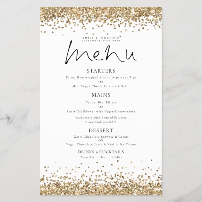 Menu de Casamento de Script Glitter Dourado do PAP (Frente)