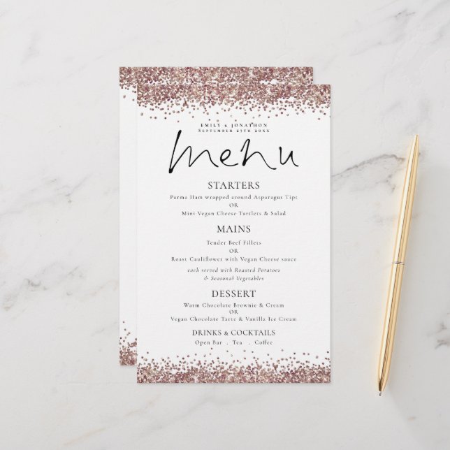 Menu de Casamento de Script Glitter Dourado do Ros (Frente/Verso In Situ)