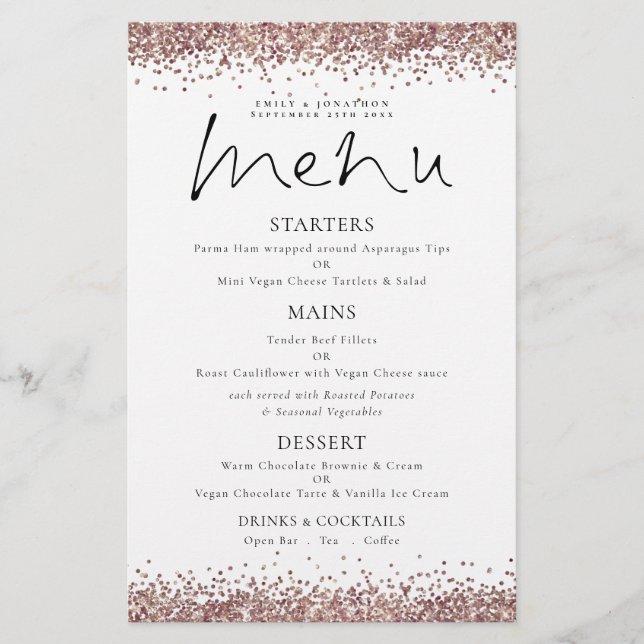 Menu de Casamento de Script Glitter Dourado Rosa d (Frente)