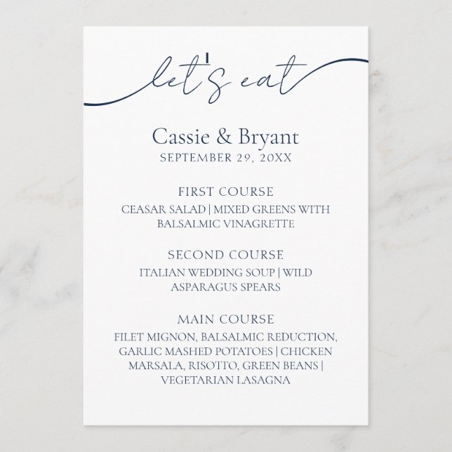 Menu de Casamento de Script Moderno Azul-Marinho M (Frente)