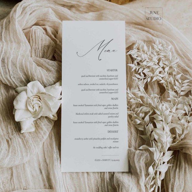 Menu de Casamento de Script Moderno Elegante (elegant modern script wedding menu card, 4x9 dainty wedding menu, long menu, modern minimalist menu)