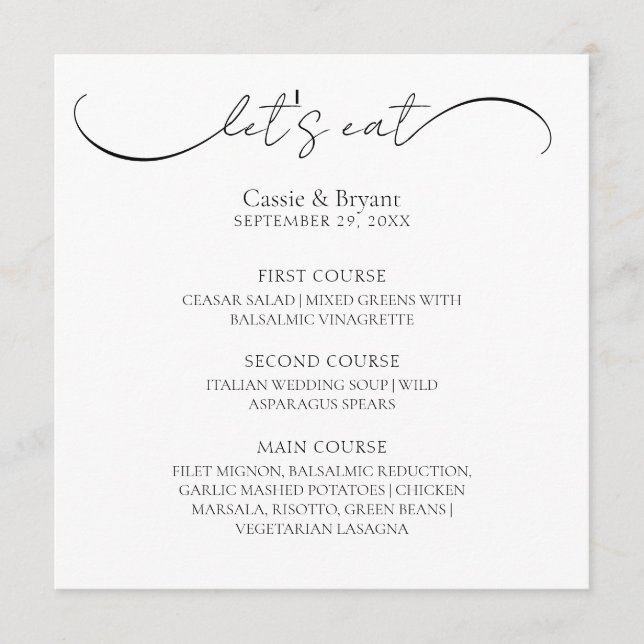 Menu de Casamento de Script Moderno Preto e Branco (Frente)