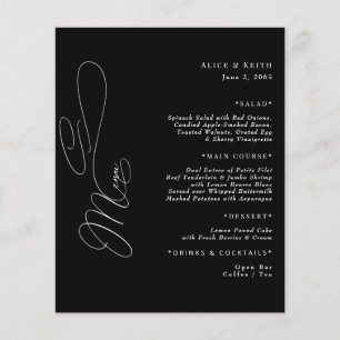 Menu de Casamento de Script Preto e Branco Elegant