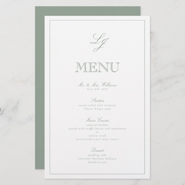 Menu de Casamento de Script Verde do Monograma Ele (Frente/Verso)