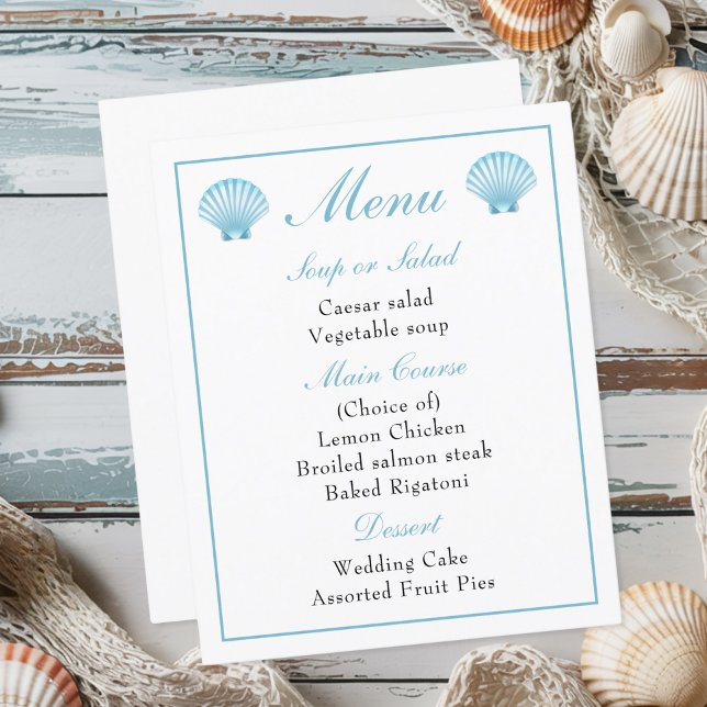 Menu de Casamento de Seashell Azul Praia (Criador carregado)