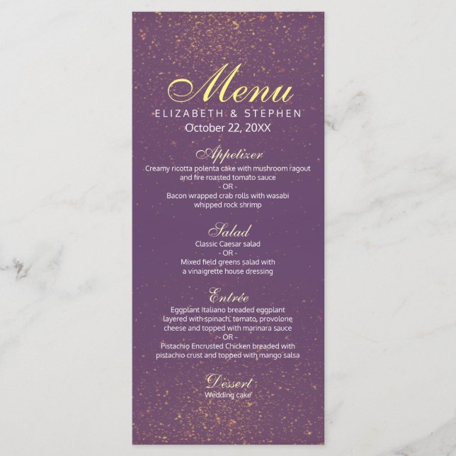 Menu de Casamento de Sparkle Roxo e Dourado Glitte (Frente)