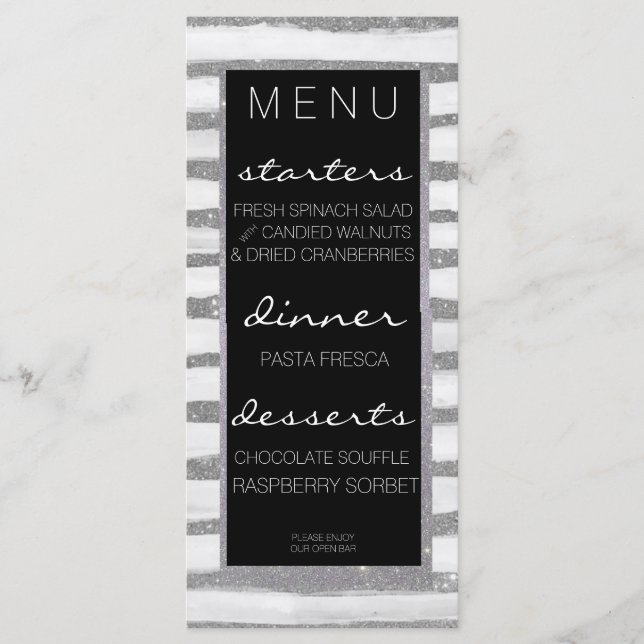 Menu de Casamento de Stripe do Shimmer Silver (Frente)