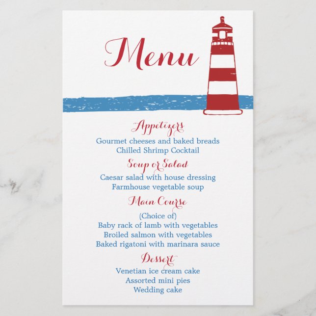 Menu de Casamento de Stripes Azuis do Farol Vermel (Frente)