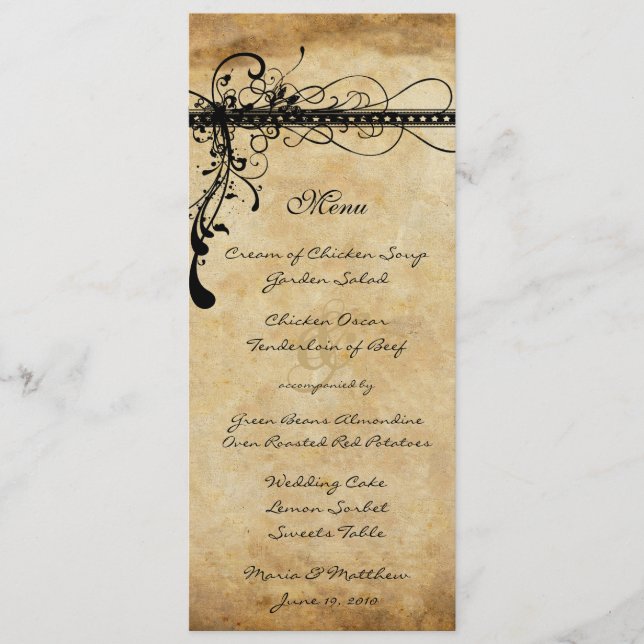 Menu de Casamento de Swirls Negros Funky Elegante (Frente)