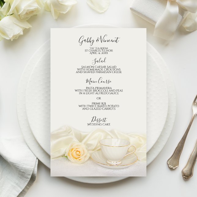 Menu de Casamento de Tea Cup e Rose Branca (Criador carregado)