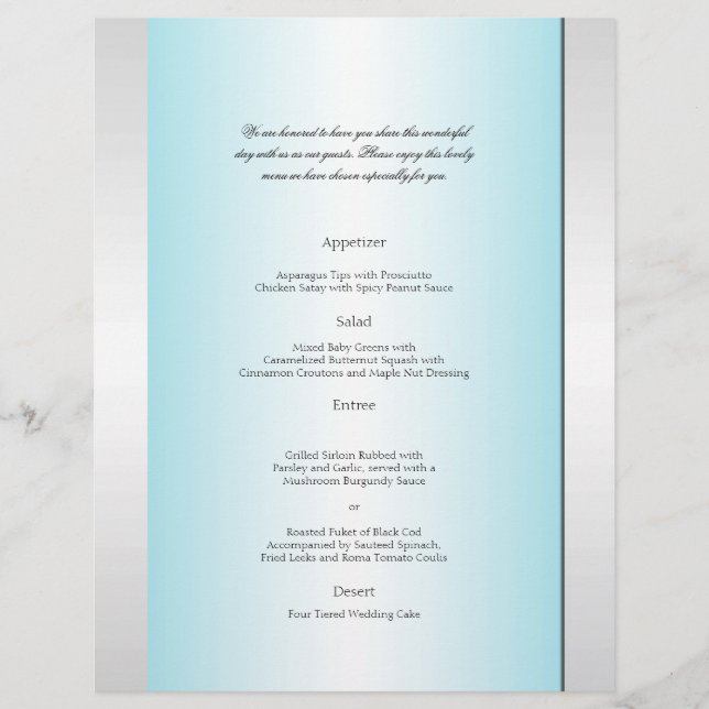 Menu de Casamento de Teal e Zebra Branca em Diaman (Frente)