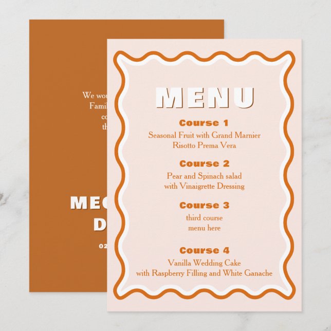 Menu de Casamento de Terracotta com Onda Retrovers (Frente/Verso)
