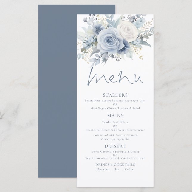 Menu de Casamento de Texto Azul Dusty Florals (Frente/Verso)
