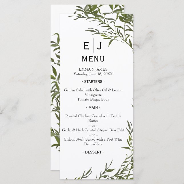 Menu de Casamento de Verde Mínimo (Frente/Verso)