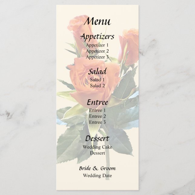 Menu de Casamento Delicado Orange Rosebuds (Frente)