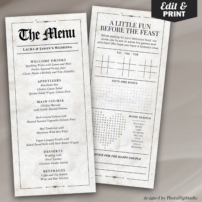 Menu de Casamento Divertido com Jornal de Jogos de (Fun Wedding Menu with Wedding Games Newspaper, Black and White Menu for Wedding)
