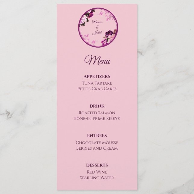 Menu de Casamento do Anel Floral Roxo (Frente)