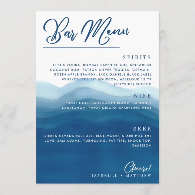 Menu de Casamento do Bar Wave Blue Watercolor (Frente)