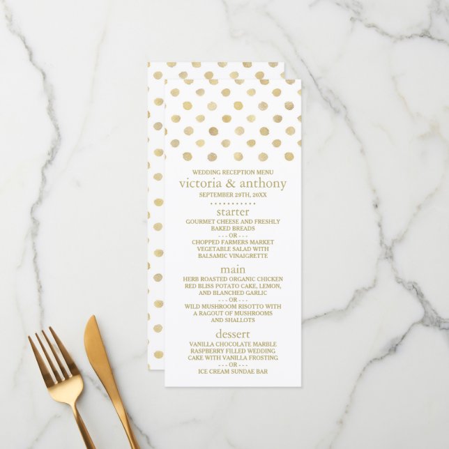 Menu de Casamento do Bolinhas Branco e Dourado Mod (Frente/Verso In Situ)