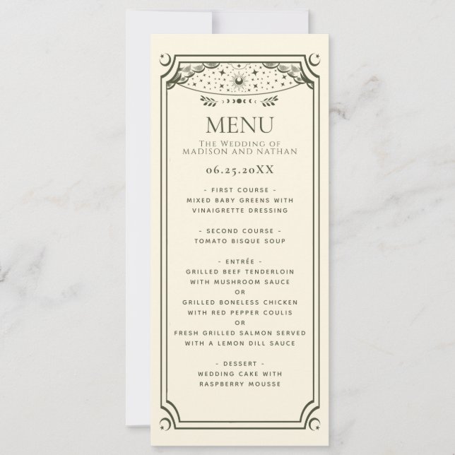 Menu de Casamento do Cartão Tarot Elegante Olive (Frente)