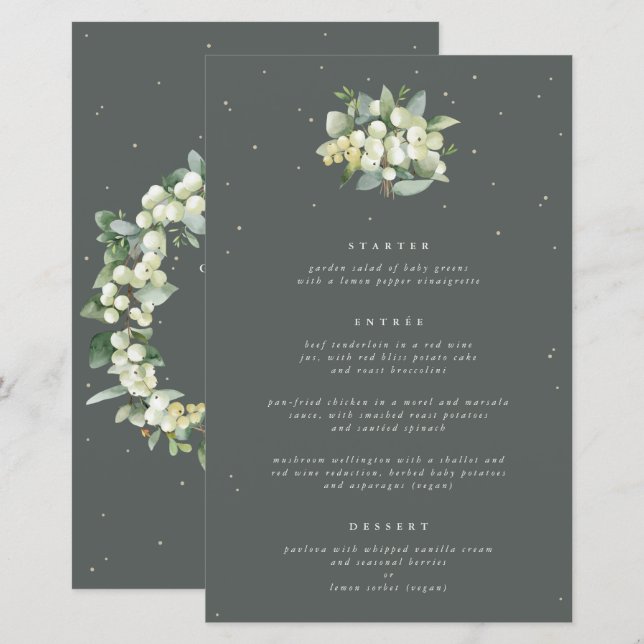 Menu de Casamento do Curso Verde Snowberry+Eucalyp (Frente/Verso)