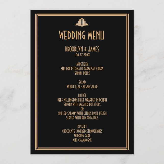 Menu de Casamento do Excelente Negro Dourado Art D (Frente)