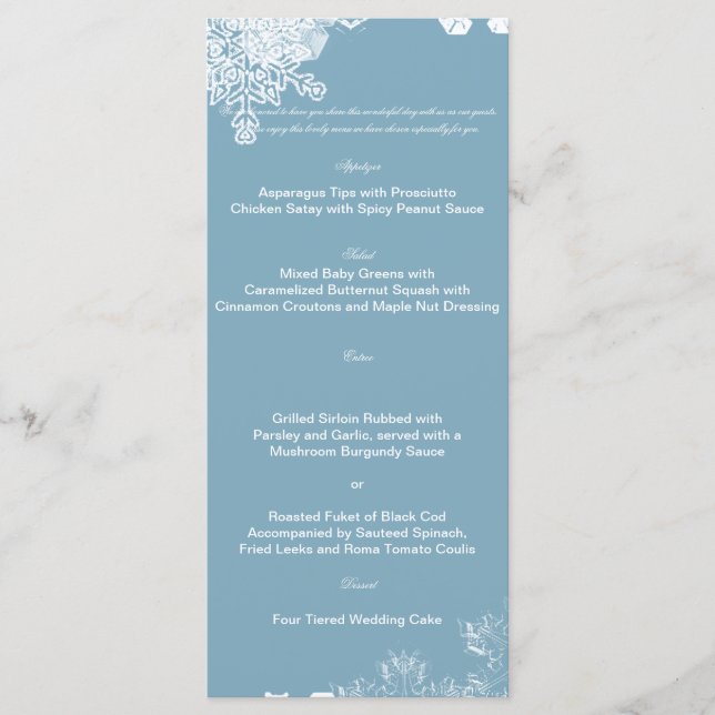 Menu de Casamento do Floco de Neve Azul e Branco (Frente)