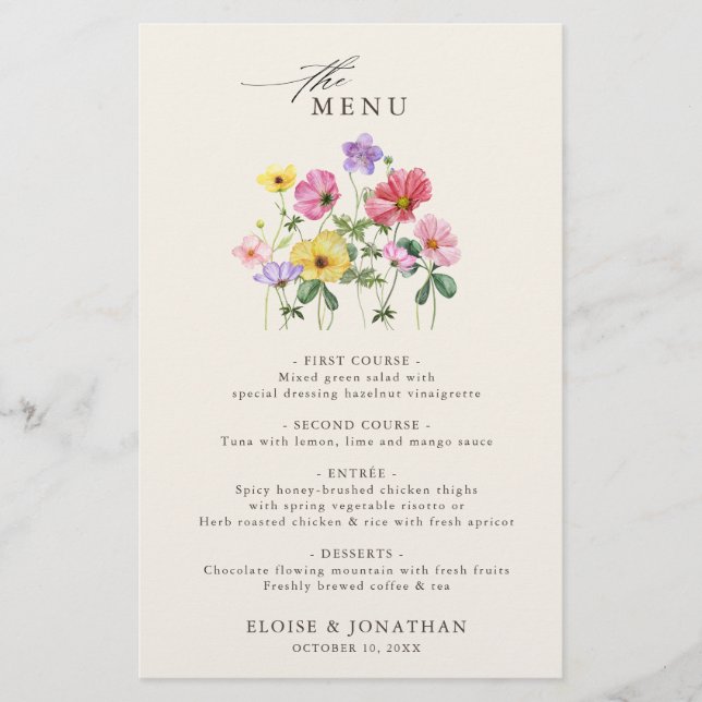 Menu de Casamento do Flor Floral Chic Floral Rusti (Frente)