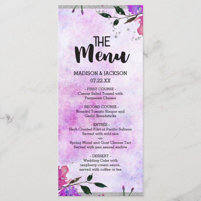 Menu de Casamento do Frame Floral e Silver Roxo Co (Frente)