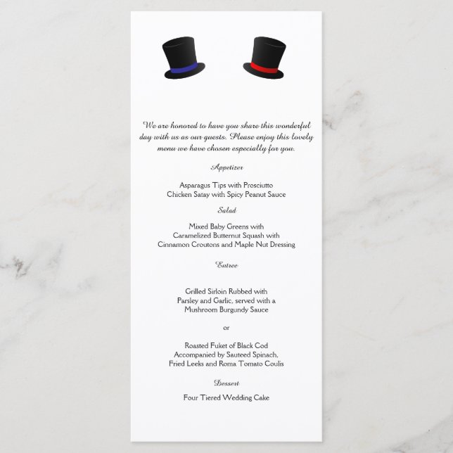 Menu de Casamento do Gay do Top Hats e do Arco (Frente)