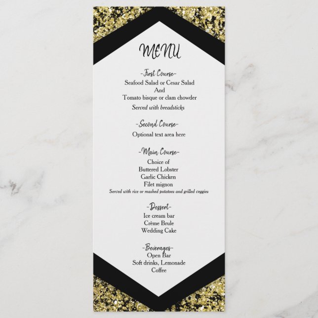 Menu de Casamento do Glam Glam Flakes Preto-Chic e (Frente)