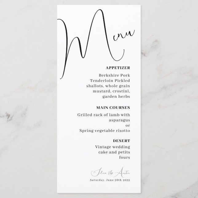 Menu de casamento do Handscript Minimalista e Foto (Frente)