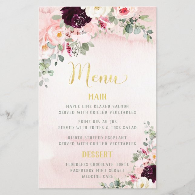 Menu de Casamento do Jardim Russo Blush (Frente)