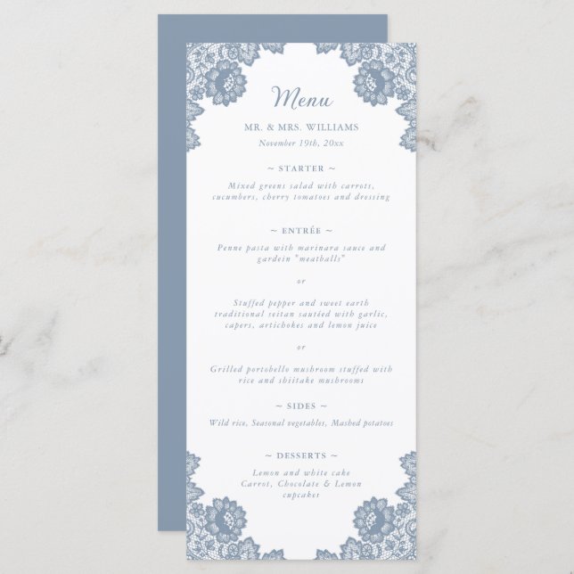 Menu de Casamento do Local Floral Azul Elegante Du (Frente/Verso)