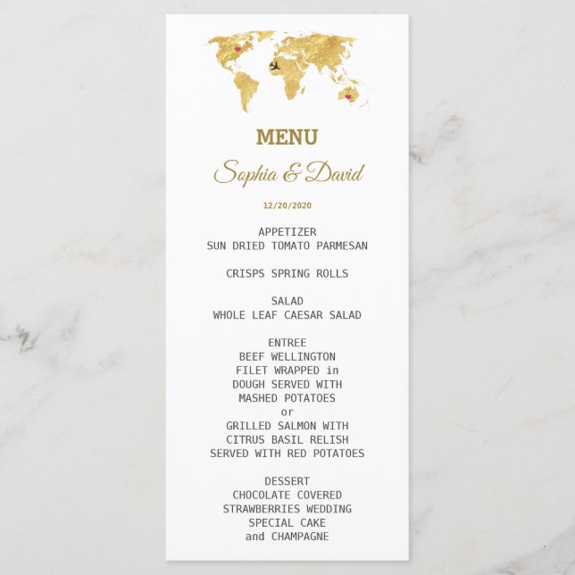 Menu de Casamento do Mapa do Mundo Dourado Elegant (Frente)