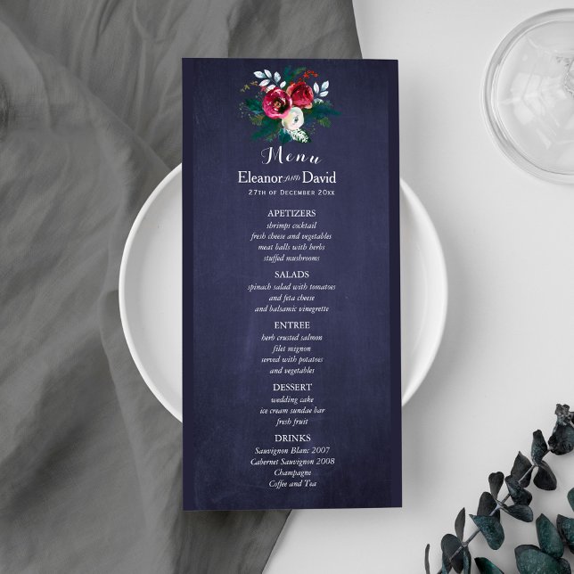 Menu de casamento do marinho botânico da aquarela  (Criador carregado)