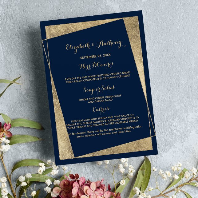 Menu de Casamento do marinho de ouro azul geométri (Modern geometric navy blue gold Wedding Menu)