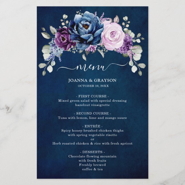 Menu de Casamento do Marinho Lilac Blooms de Roxo  (Frente)