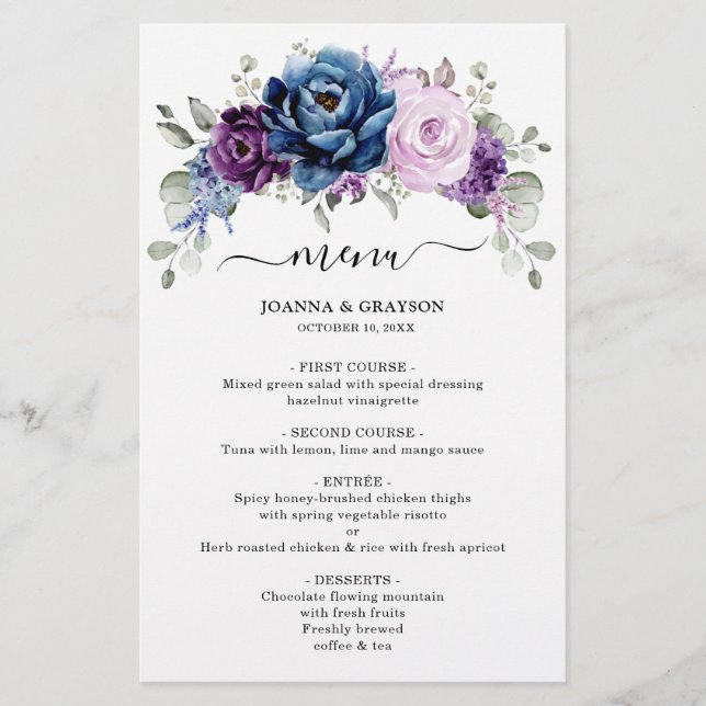 Menu de Casamento do Marinho Lilac Blooms de Roxo  (Frente)