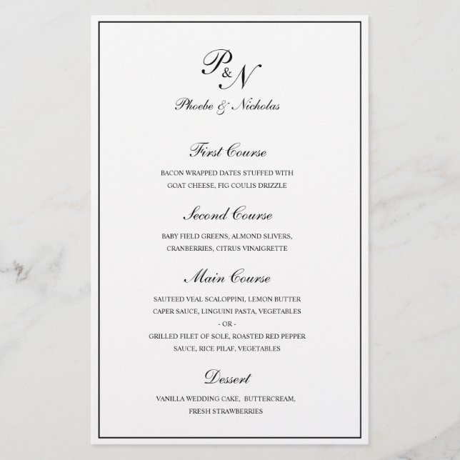 Menu de Casamento do Monograma Branco e Preto Eleg (Frente)