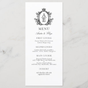 Menu de Casamento do Monograma do Crest Preto Bran