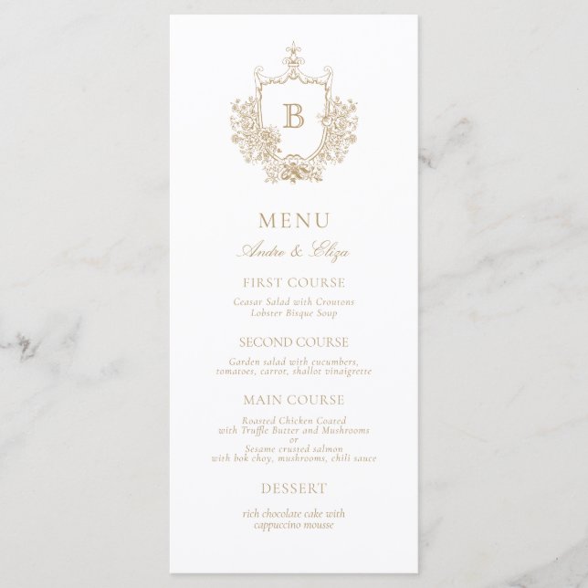 Menu de Casamento do Monograma Dourado e Branco de (Frente)