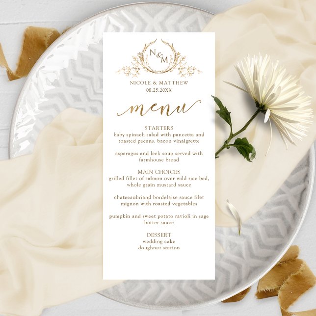 Menu de Casamento do Monograma Dourado e Branco El (Criador carregado)