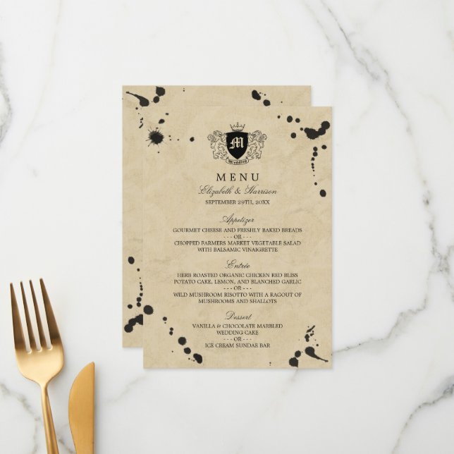Menu de Casamento do Monograma e Manchas de Tinta  (Frente/Verso In Situ)
