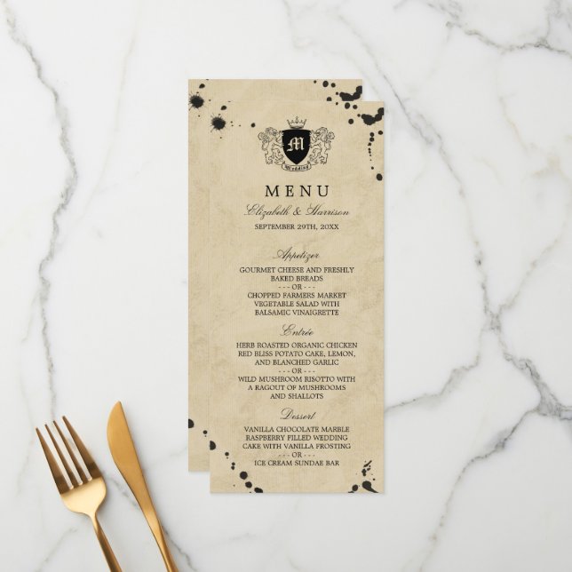 Menu de Casamento do Monograma e Manchas de Tinta  (Frente/Verso In Situ)