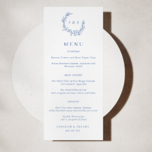 Menu de Casamento do Monograma Floral Azul