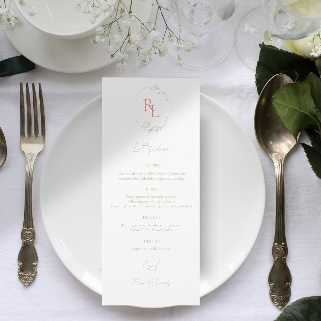 Menu de Casamento do Monograma Floral Branco e Ver (Criador carregado)