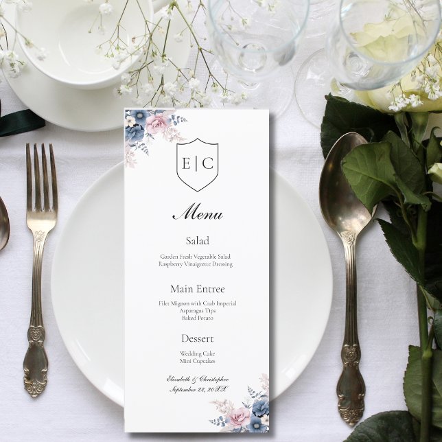 Menu de Casamento do Monograma Floral Cor-de-Rosa- (Dusty blue blush pink floral monogram wedding menu )
